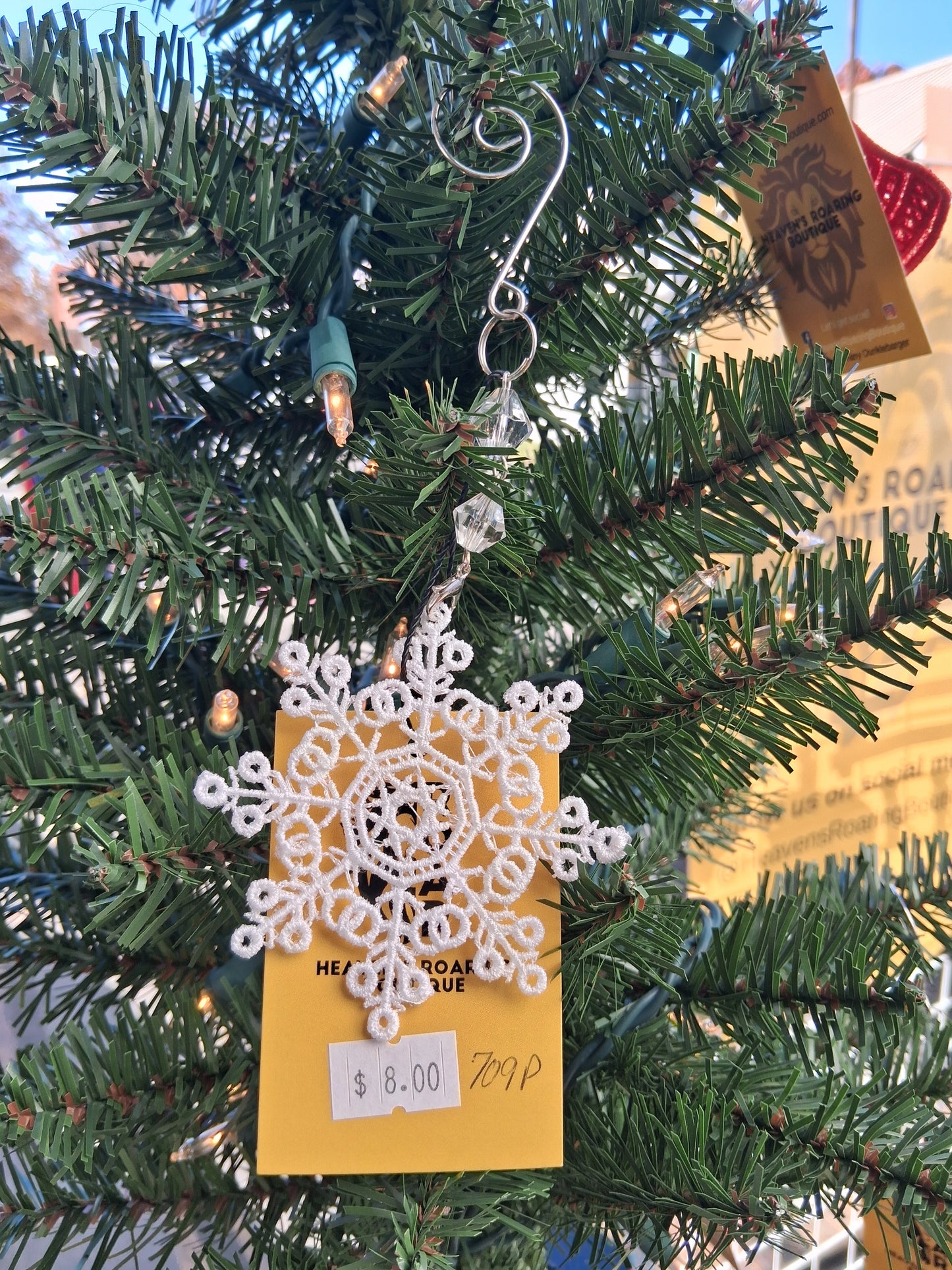 Embroidered Ornament - White Snowflake With Beaded Hook