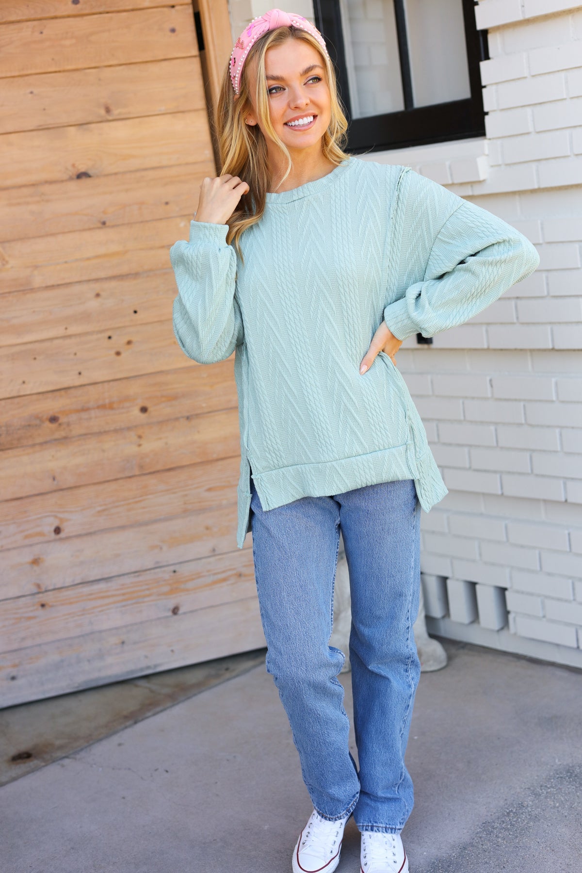 Back to Basics Sage Jacquard Cable Pullover Top - Heaven's Roaring Boutique