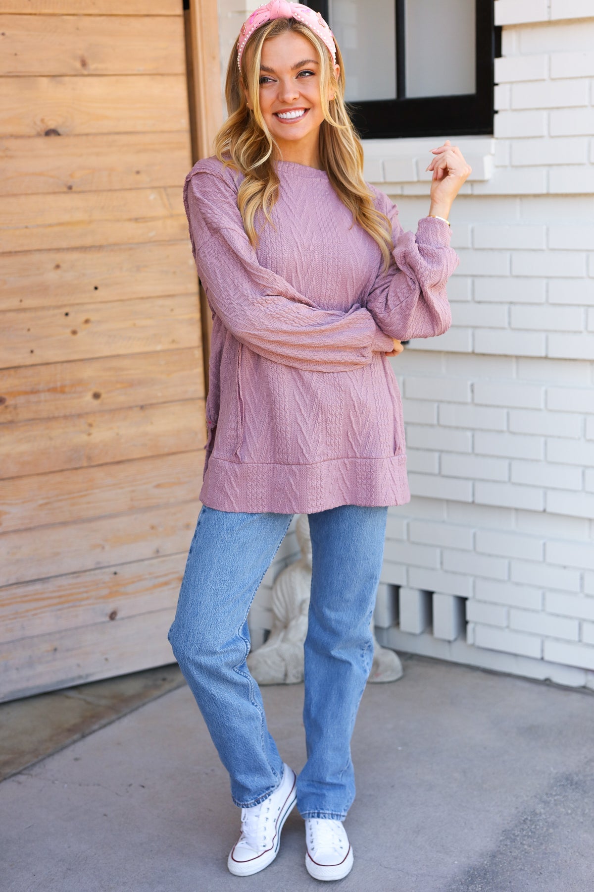 Back To Basics Mauve Jacquard Cable Pullover Top - Heaven's Roaring Boutique