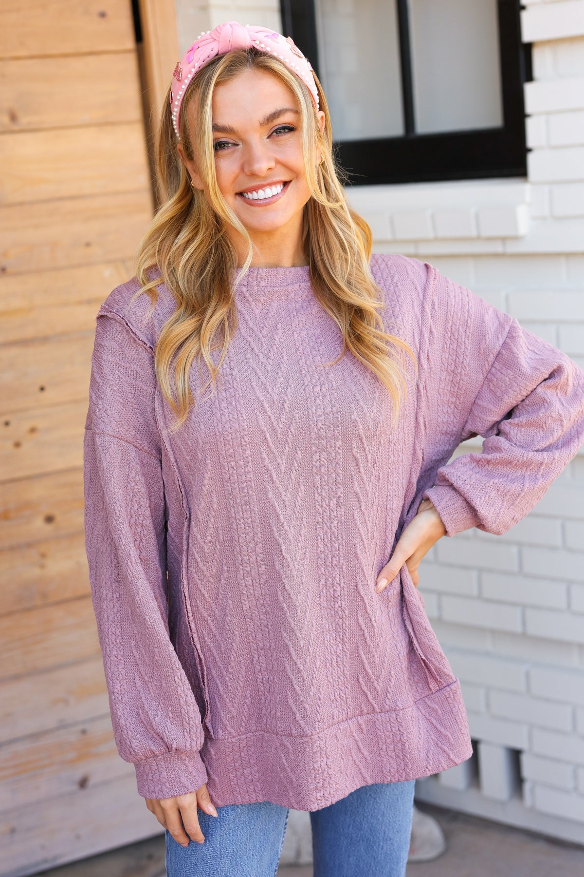 Back To Basics Mauve Jacquard Cable Pullover Top - Heaven's Roaring Boutique