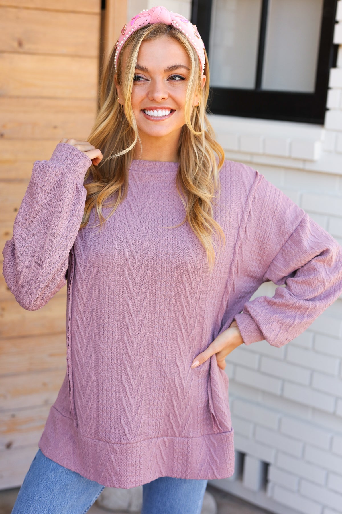 Back To Basics Mauve Jacquard Cable Pullover Top - Heaven's Roaring Boutique