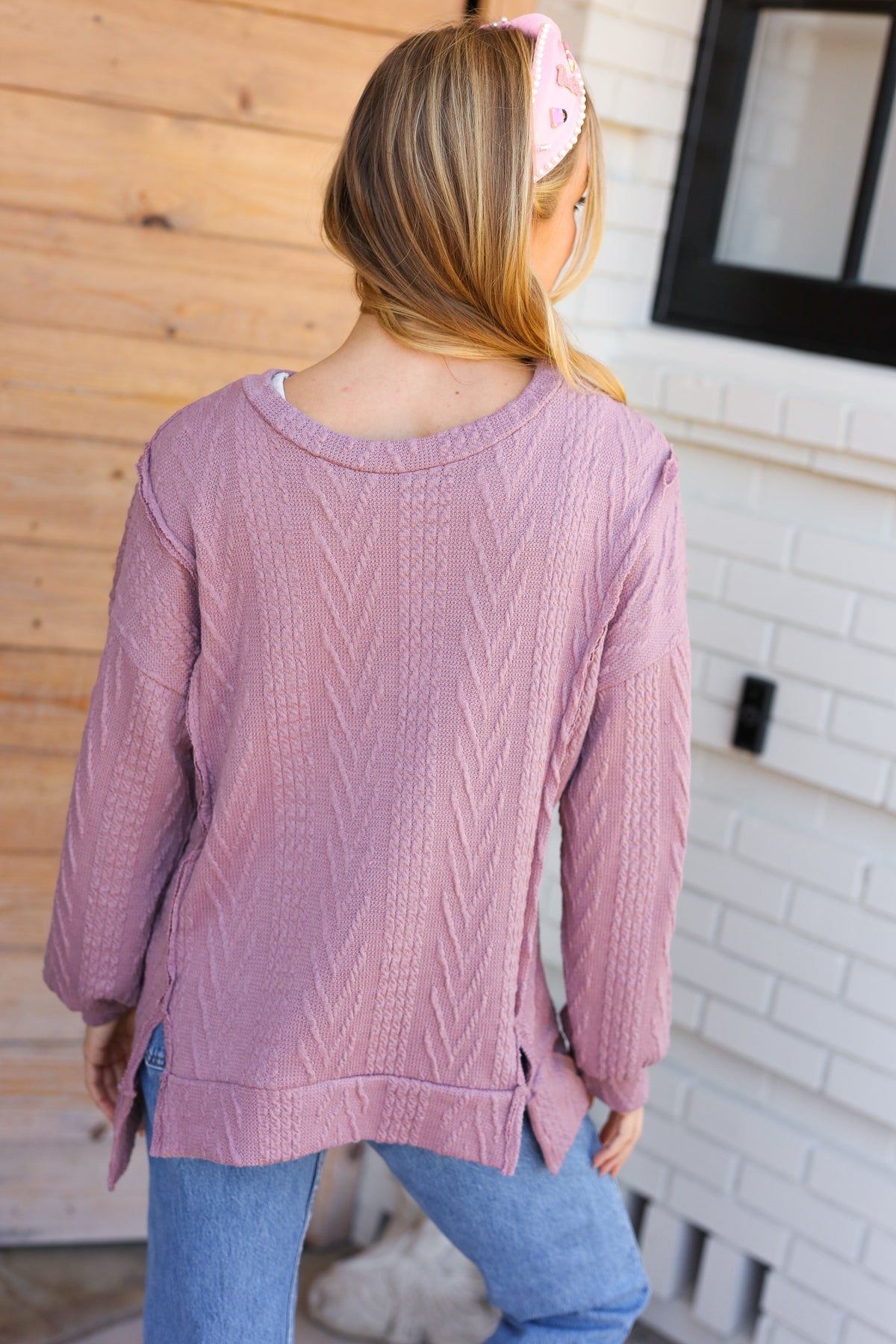 Back To Basics Mauve Jacquard Cable Pullover Top - Heaven's Roaring Boutique