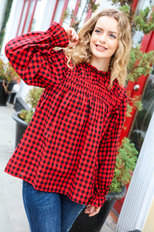 Adorable in Red Gingham Shirred Mock Neck Top - Heaven's Roaring Boutique