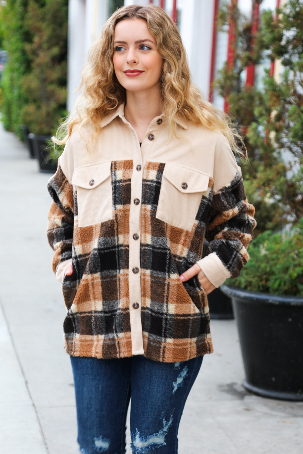 Adorable Taupe Corduroy & Plaid Sherpa Button Jacket