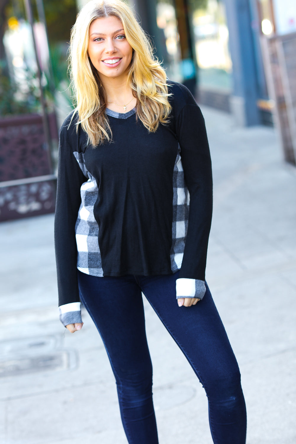 Adorable In Black & Ivory Plaid Hacci Knit Hoodie