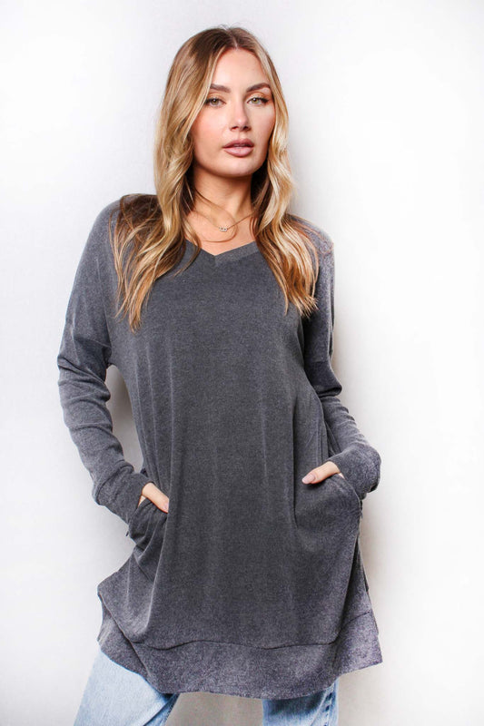 V Neck Tunic Top w/ Zippered Pockets - Dark Gray | tunic top | $12 sweater, $12 top, $12 tunic top, affordable fashion, gray long sleeve top, gray sweater, gray top, gray top for leggings, gray tunic top, grey long sleeve top, grey sweater, grey top, grey top for leggings, grey tunic top, long sleeve top, long top for leggings, pockets, sweater, top for leggings, top with pockets, top with zippered pockets, tunic top, tunic top with pockets, tunic top with zippered pockets, Tunic tops, v neck, v neck gray t