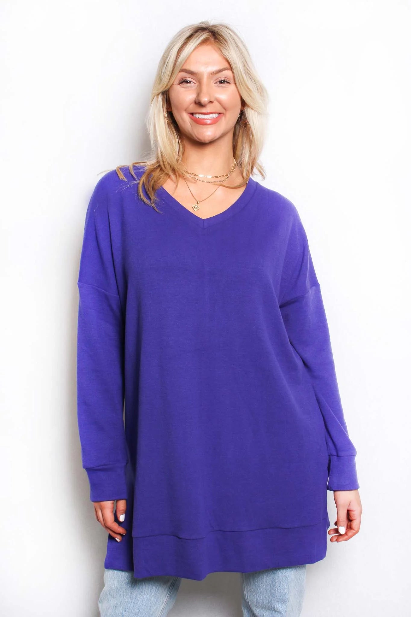 V Neck Tunic Top w/ Zippered Pockets - Purple - Heaven's Roaring Boutique