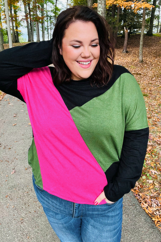 Based On Love Black & Pink Dolman Colorblock Top | top | colorblock, dolman, dolman sleeve, haptics, haptics long sleeve top, haptics top, pink and green top, Plus, Top | Haptics