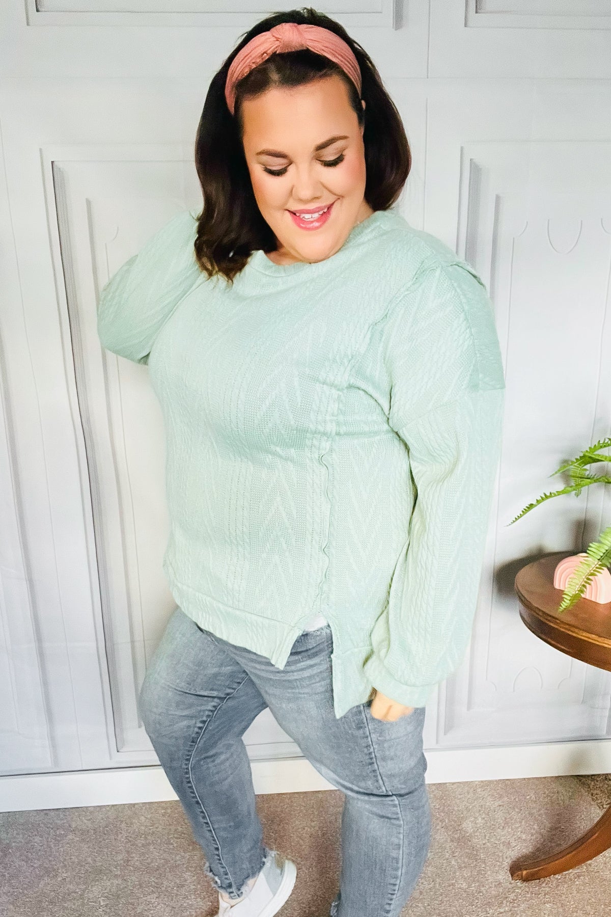 Back to Basics Sage Jacquard Cable Pullover Top - Heaven's Roaring Boutique