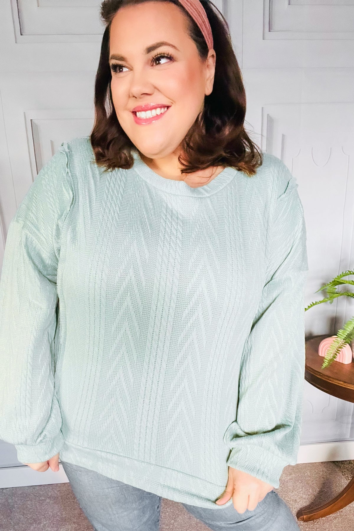 Back to Basics Sage Jacquard Cable Pullover Top - Heaven's Roaring Boutique