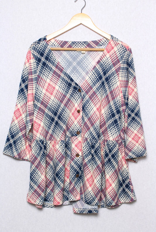 Plus Size Peplum Plaid Top | top | blue, blue plaid, BLUE TOP, peplum, peplum top, pink, pink and blue, pink and blue plaid, pink and blue plaid top, pink plaid, pink top, plaid, plaid top, plus size, plus size clothes, plus size clothing, plus size peplum top, plus size plaid top, plus size top, plus size tops, tops | Indigo Rose