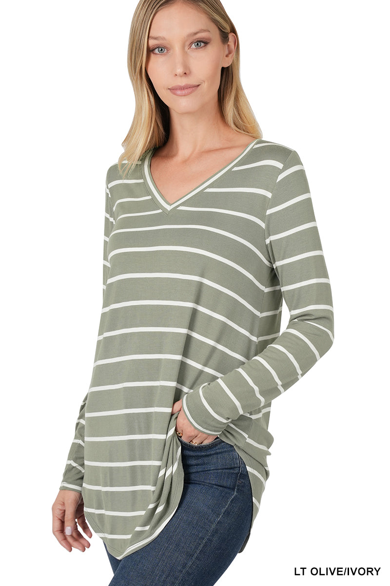 Zenana Plus Striped V-Neck Dolphin Hem Top - Light Olive/Ivory | tops | affordable, affordable clothes, affordable fashion, affordable tops, green, Green long sleeve top, green long sleevetop, green shirt, green top, green tunic top, green v neck top, green zenana long sleeve top, green zenana top, long green shirt, olive green, olive green striped zenana top, olive green tunic top, striped, striped long sleeve top, striped zenana long sleeve top, striped zenana top, Zenana, zenana shirt, zenana top, zenana