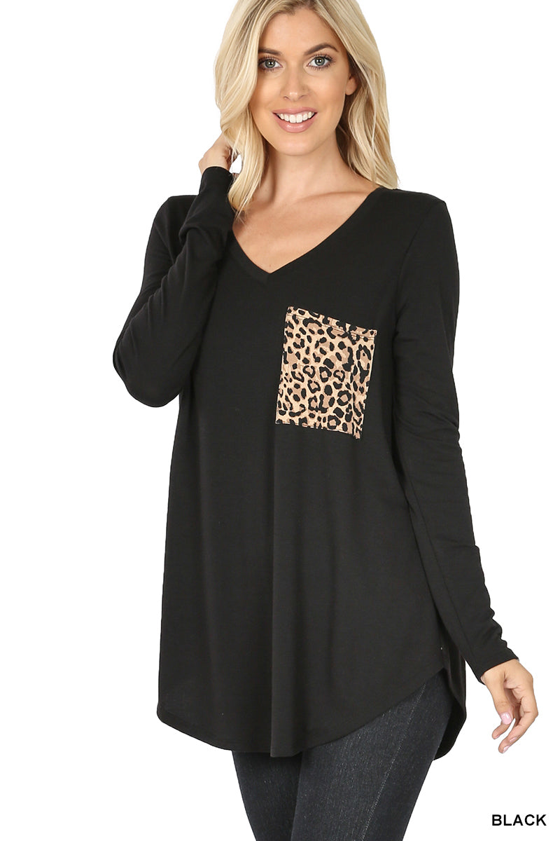 Zenana V-Neck Leopard Print Pocket Top - Black | top | animal print, animal print top, basic black, basic black tunic top for leggings, black, black long sleeve top, black top, black tunic top, long black top, Zenana, zenana animal print top, zenana black animal print top, zenana black top, zenana black tunic top, zenana shirt, zenana top, zenana tops, zenana tunic top | Zenana