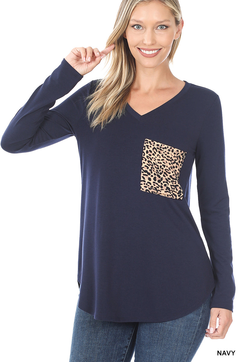 Zenana V-Neck Leopard Print Pocket Top - Navy | top | animal print, animal print top, blue, blue long sleeve top, blue long sleeve zenana top, BLUE TOP, blue tunic top, blue zenana top, navy, navy blue, navy blue top, NAVY TOP, Zenana, zenana animal print top, zenana shirt, zenana top, zenana tops, zenana tunic top | Zenana