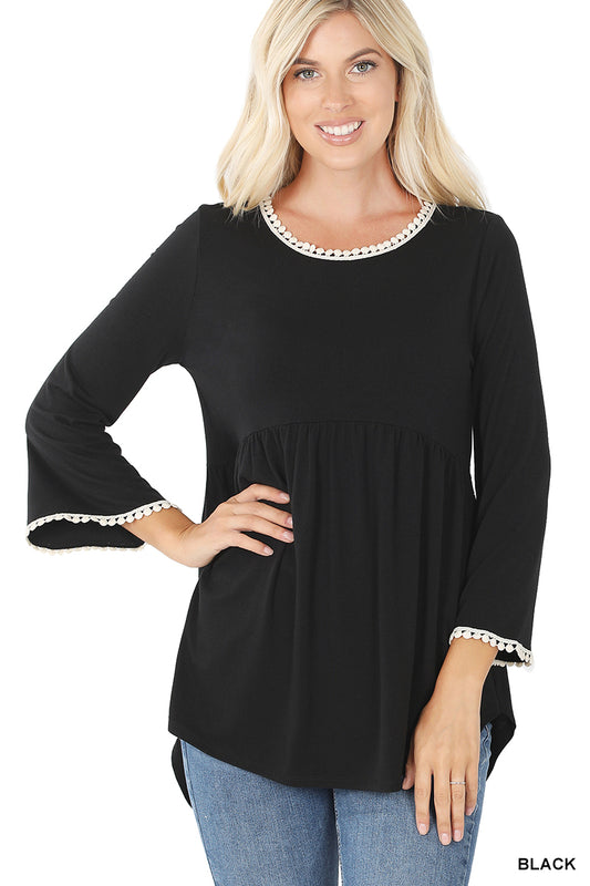 Zenana Pompom Trim Empire Waist Shirring Top - Black | top | basic black, basic black tunic top for leggings, bell sleeves, black, black long sleeve top, black top, black tunic top, boho, boho top, comfy, comfy top, empire waist, empire waist top, gifts, gifts for mom, long black top, long top for leggings, mom gifts, peasant, peasant sleeves, pompom trim, pompom trim top, shirt, top for leggings, top with bell sleeves, trendy, trendy top, tunic top, Zenana, zenana black tunic top, zenana empire waist top, 