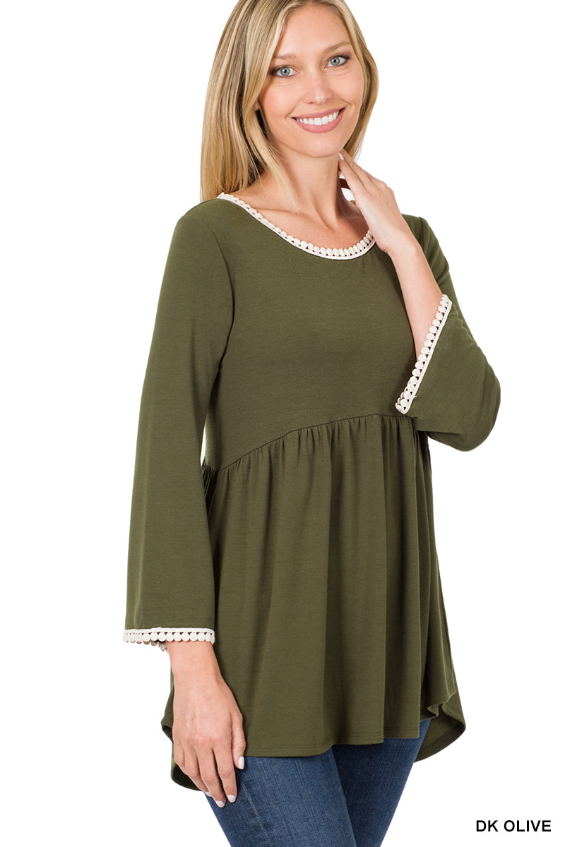 Zenana Pompom Trim Empire Waist Shirring Top - Dark Olive | top | bell sleeves, boho, boho top, comfy, comfy top, empire waist, empire waist top, gifts, gifts for mom, green, green dress, green dresses, Green long sleeve top, green long sleevetop, green shirt, green top, green tunic top, long green shirt, long top for leggings, mom gifts, olive green, olive green tunic top, peasant, peasant sleeves, pompom trim, pompom trim top, shirt, top for leggings, top with bell sleeves, trendy, trendy top, tunic top, 