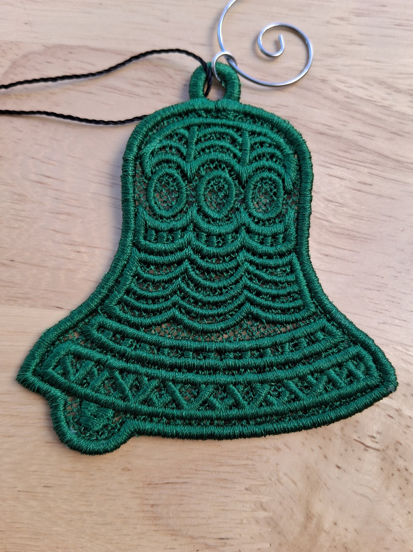 Embroidered Ornament - Green Bell With Decorative Hook