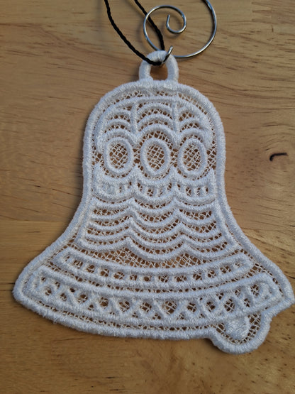 Embroidered Ornament - White Bell With Decorative Hook
