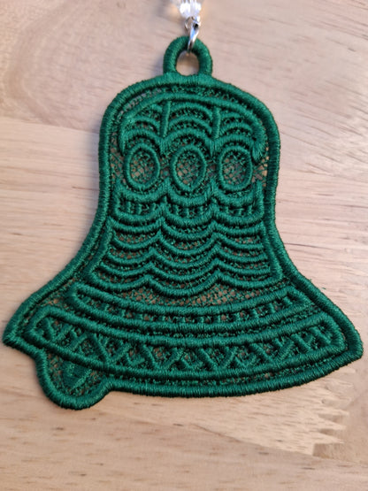 Embroidered Ornament - Green Bell With Beaded Hook