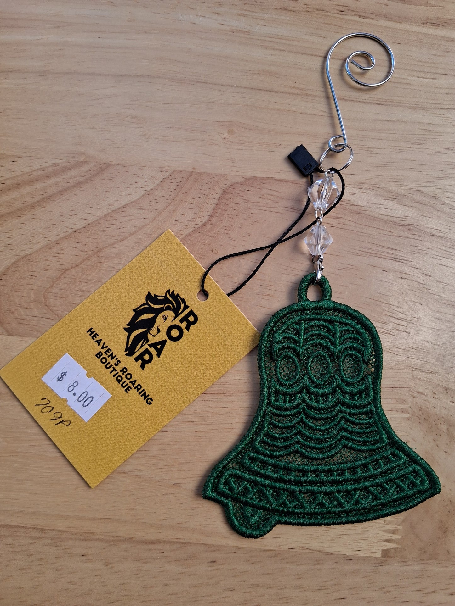 Embroidered Ornament - Green Bell With Beaded Hook