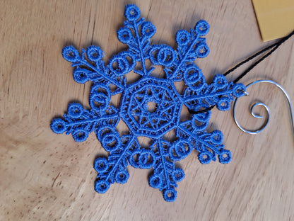 Embroidered Ornament - Blue Snowflake With Decorative Hook