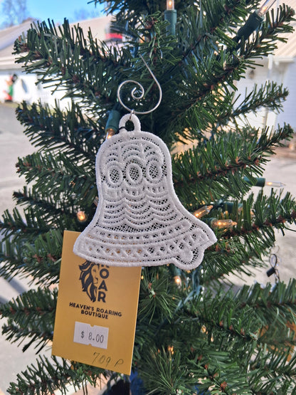 Embroidered Ornament - White Bell With Decorative Hook
