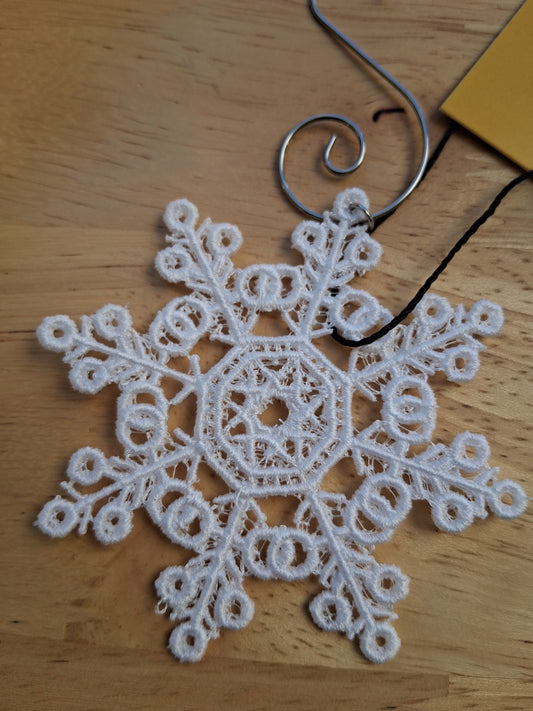 Embroidered Ornament - White Snowflake With Decorative Hook