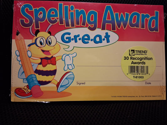 30 Recognition Award Certificates- Spelling Award