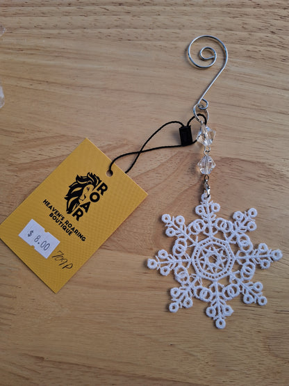 Embroidered Ornament - White Snowflake With Beaded Hook