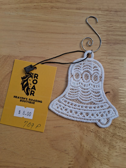 Embroidered Ornament - White Bell With Decorative Hook