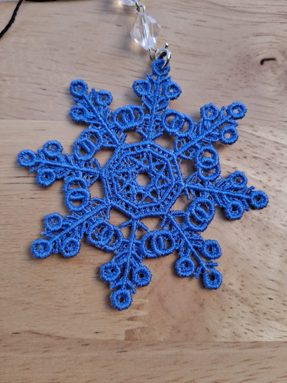 Embroidered Ornament - Blue Snowflake With Beaded Hook