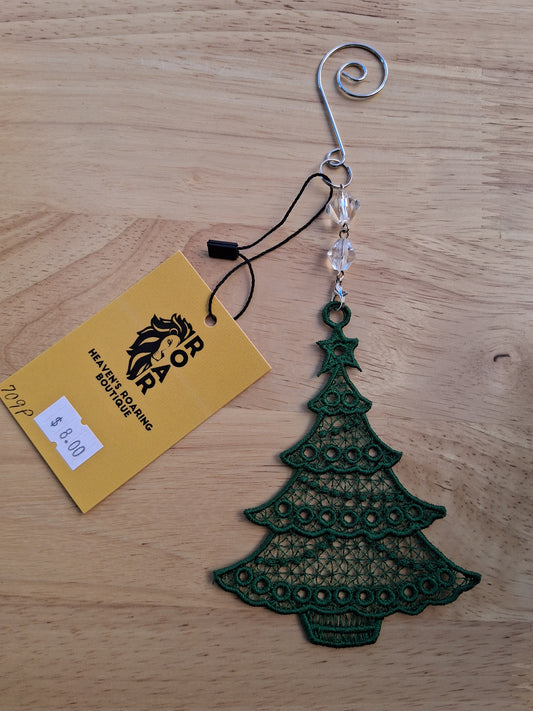 Embroidered Ornament - Green Christmas Tree With Beaded Hook