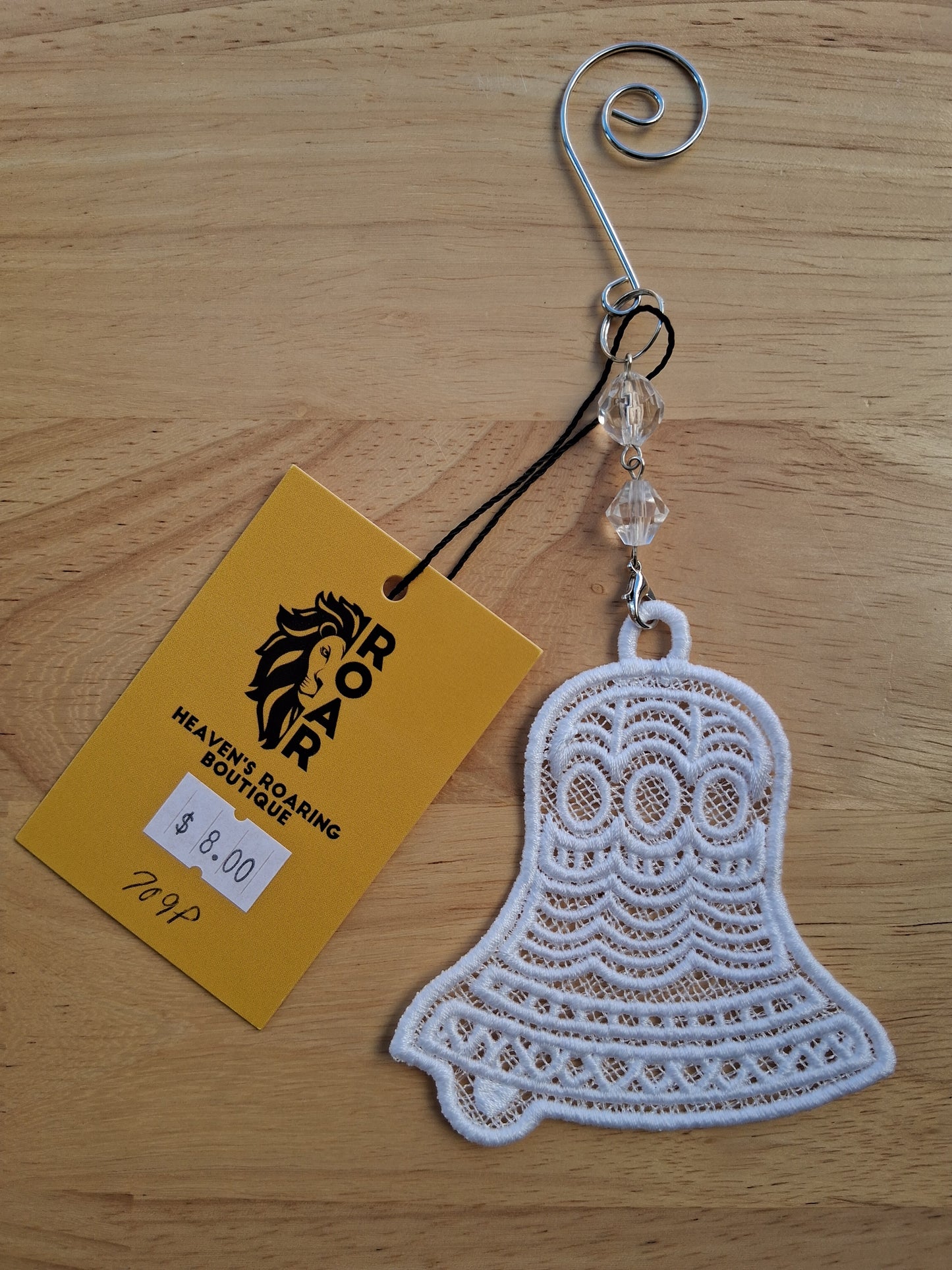 Embroidered Ornament - White Bell With Beaded Hook