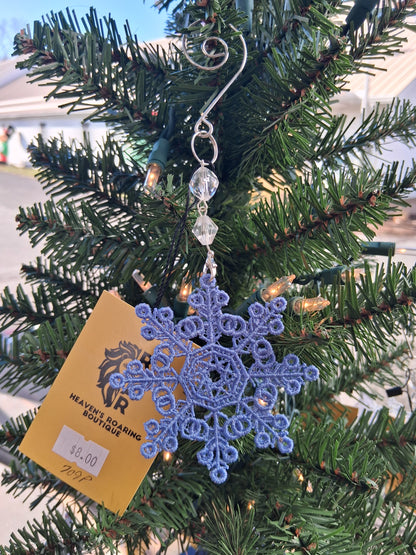 Embroidered Ornament - Blue Snowflake With Beaded Hook