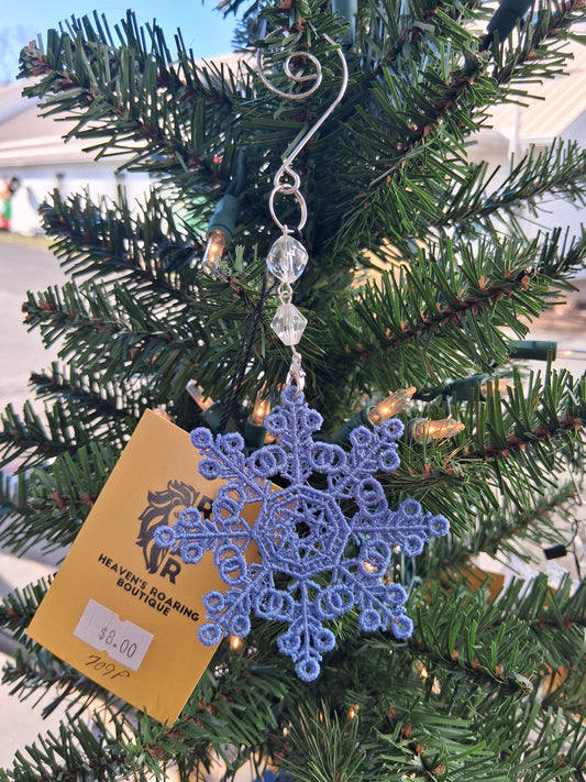 Embroidered Ornament - Blue Snowflake With Beaded Hook