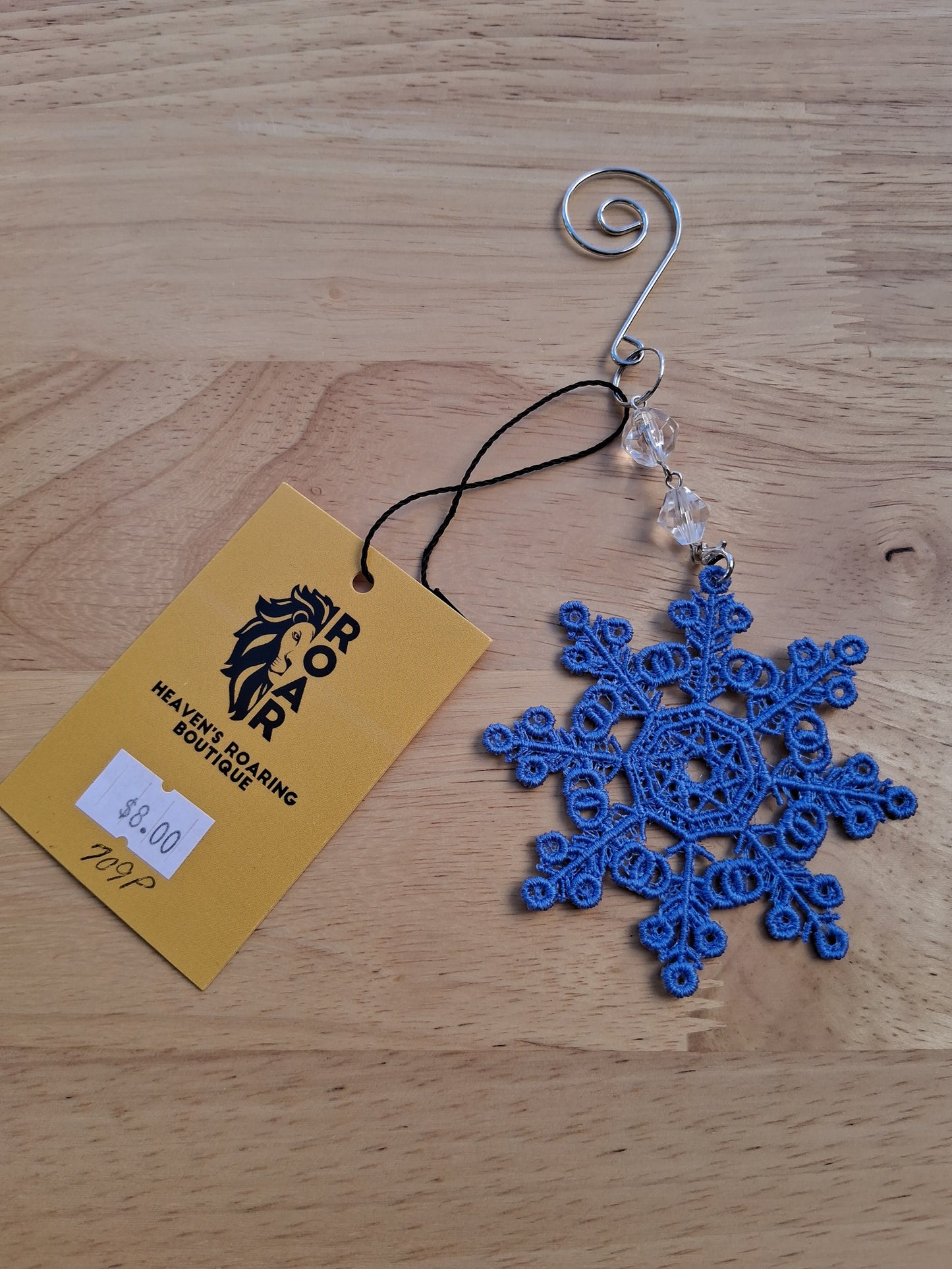 Embroidered Ornament - Blue Snowflake With Beaded Hook