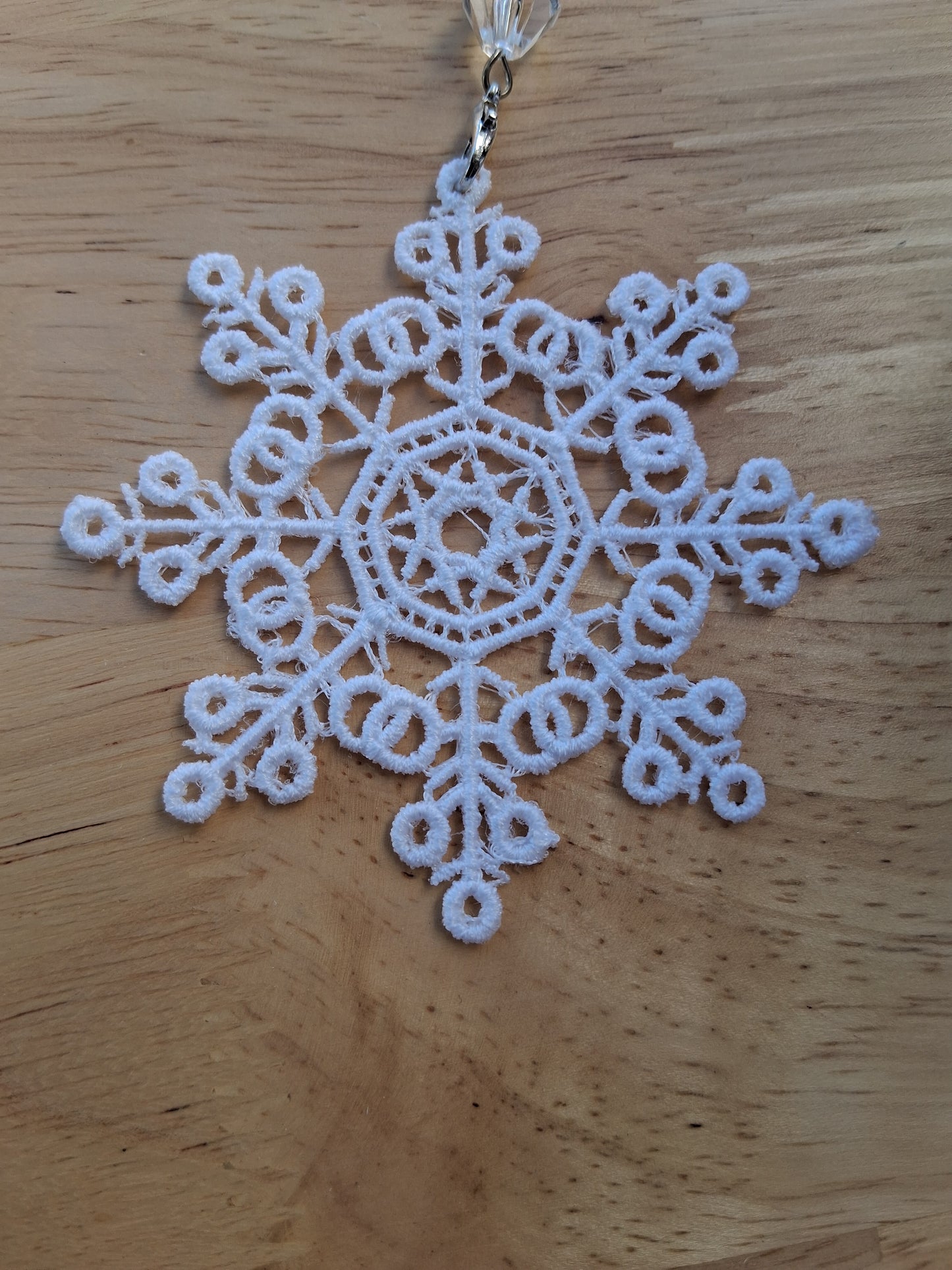 Embroidered Ornament - White Snowflake With Beaded Hook