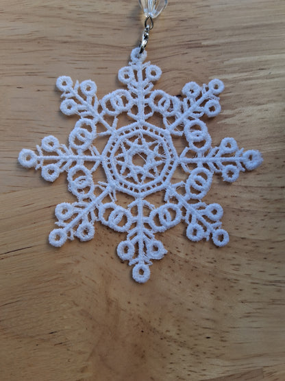 Embroidered Ornament - White Snowflake With Beaded Hook