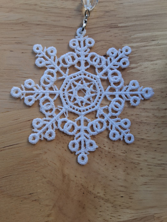 Embroidered Ornament - White Snowflake With Beaded Hook