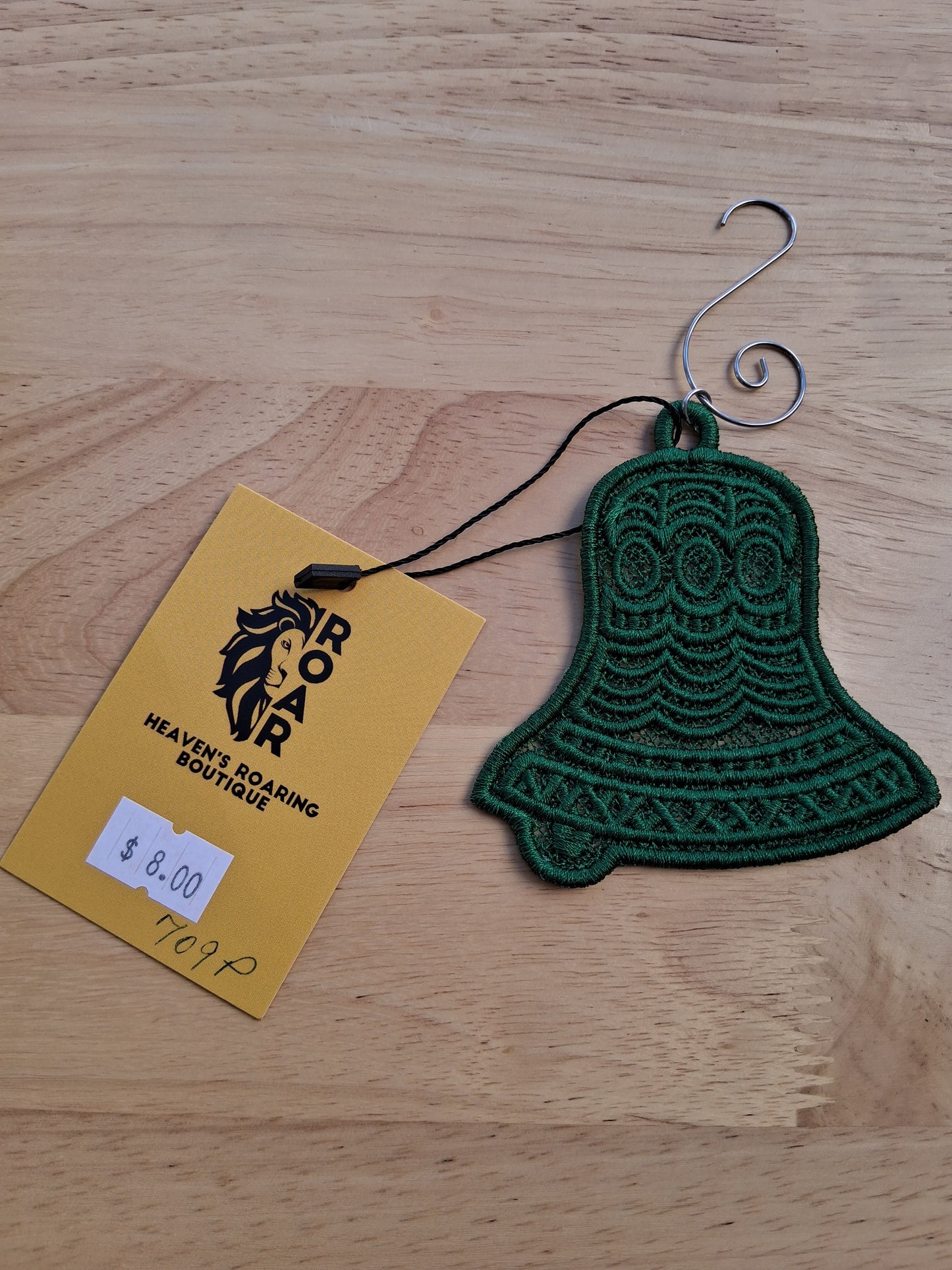 Embroidered Ornament - Green Bell With Decorative Hook