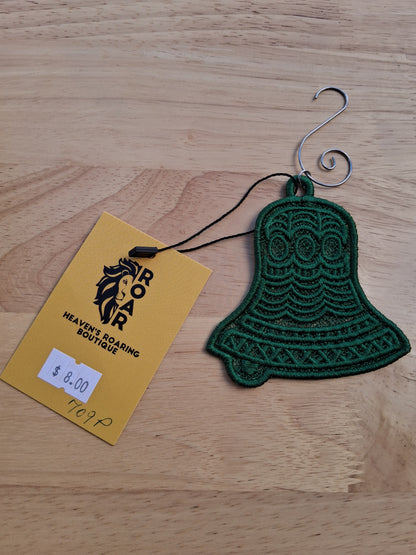 Embroidered Ornament - Green Bell With Decorative Hook