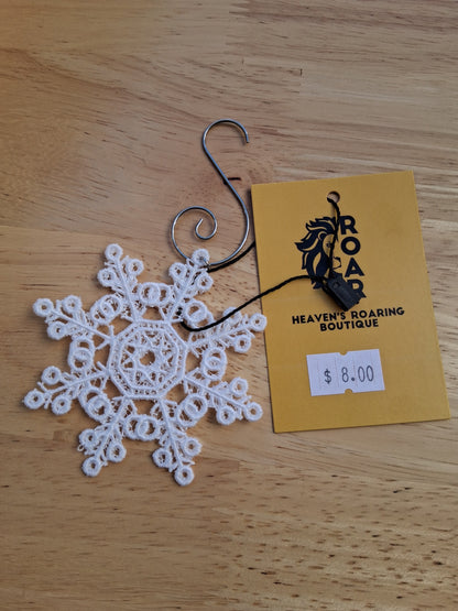 Embroidered Ornament - White Snowflake With Decorative Hook