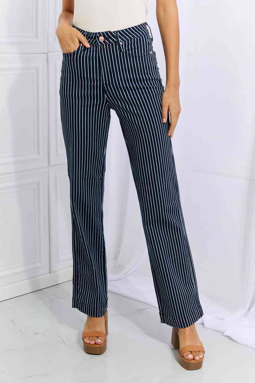 Judy Blue Cassidy Full Size High Waisted Tummy Control Striped Straight Jeans - Heaven's Roaring Boutique