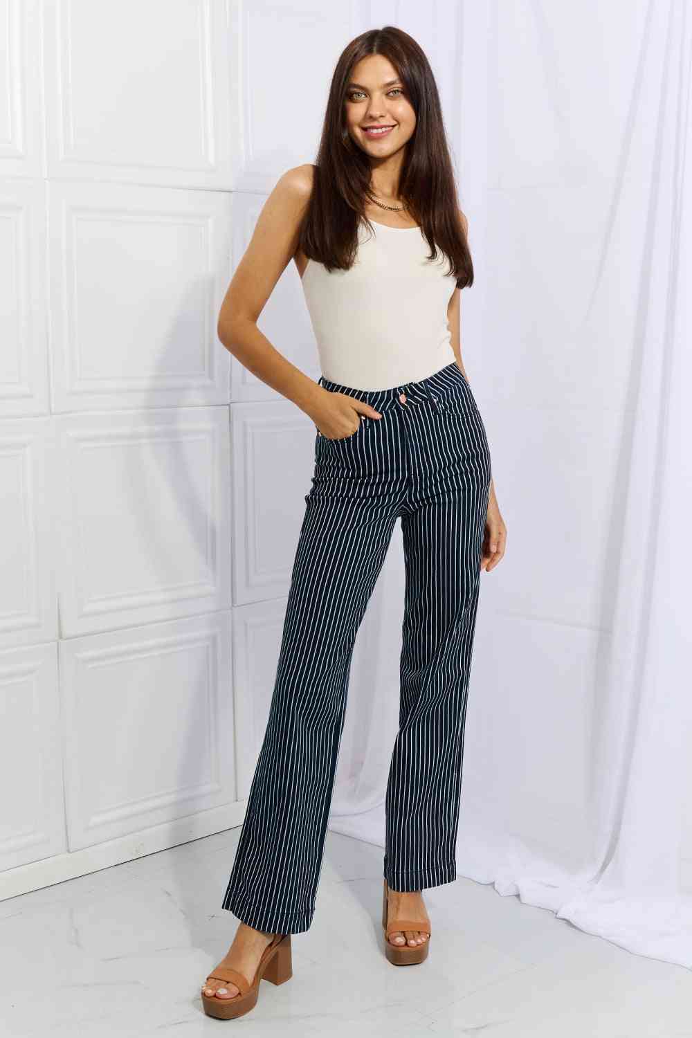 Judy Blue Cassidy Full Size High Waisted Tummy Control Striped Straight Jeans - Heaven's Roaring Boutique