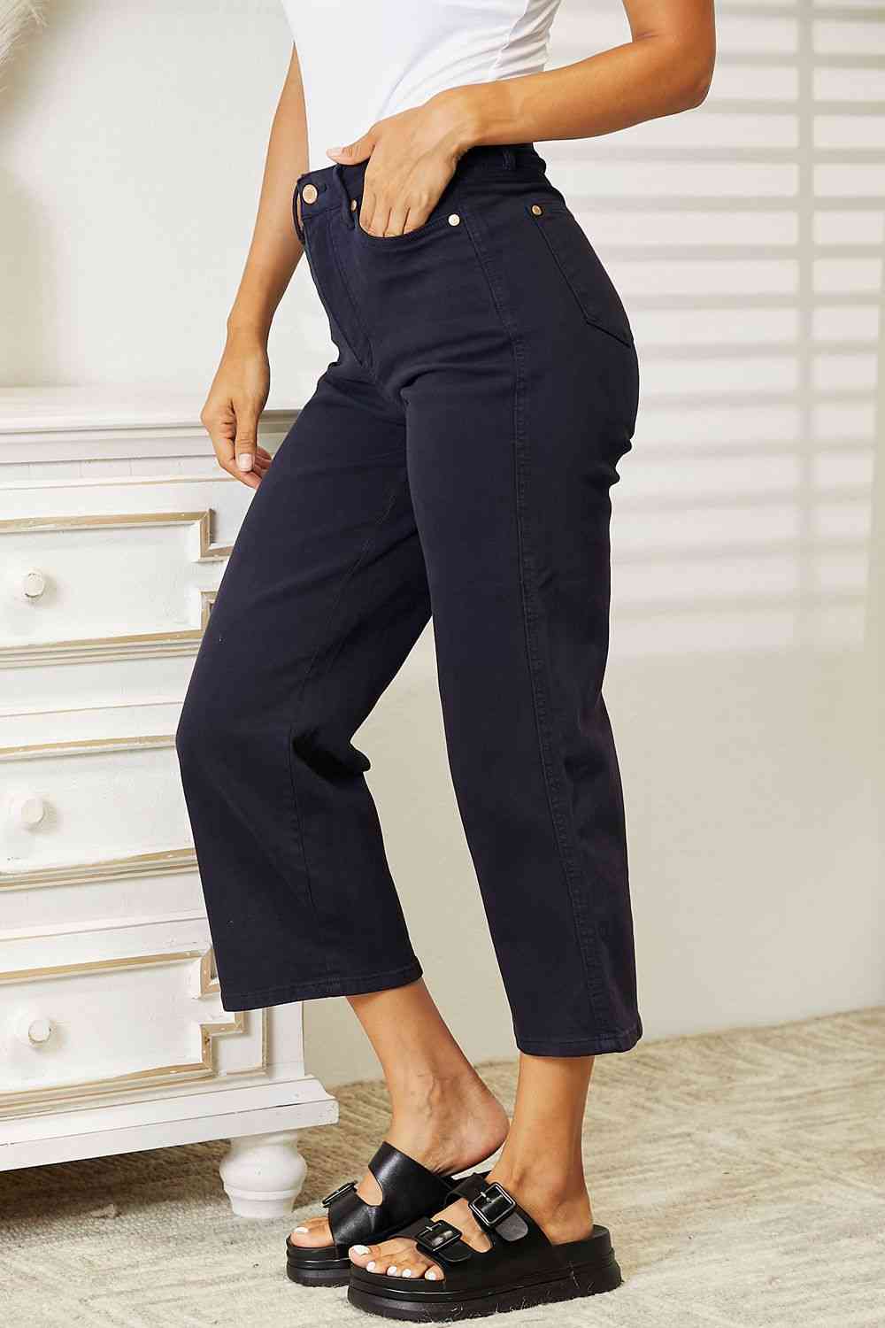 Judy Blue Full Size High Waist Tummy Control Garment Dyed Wide Cropped Jeans - Heaven's Roaring Boutique