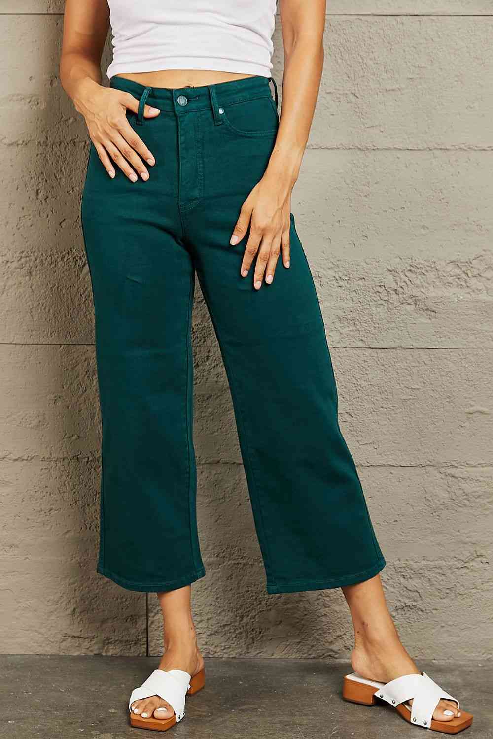 Judy Blue Hailey Full Size Tummy Control High Waisted Cropped Wide Leg Jeans - Heaven's Roaring Boutique