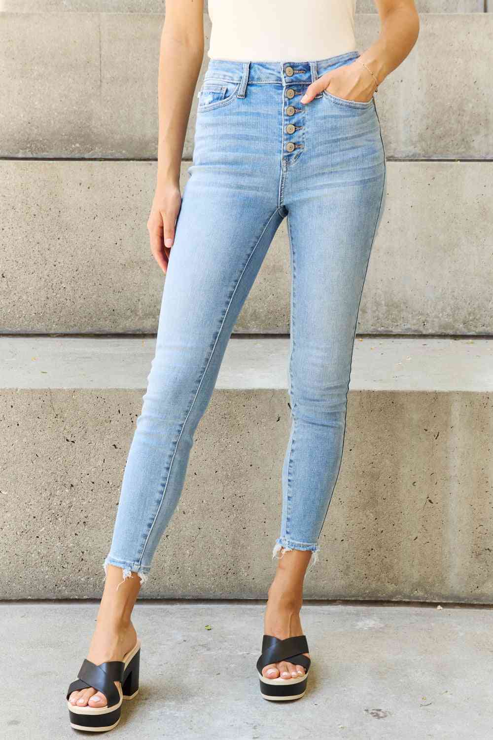 Judy Blue Full Size Button Fly Raw Hem Jeans | JEANS | best jeans ever, boot cut jeans, boyfriend jeans, comfy jeans, dark wash jeans, denim, distressed jeans, flare jeans, good jeans, high quality jeans, high waisted jeans, judy blue, judy blue denim, judy blue jeans, judy blue skinny jeans, judy blue tummy control jeans, light wash jeans, mid rise jeans, mom jeans, Ship from USA, skinny jeans, straight leg jeans, super comfy jeans, super stretchy jeans, tummy control jeans, viral jeans, viral judy blue je