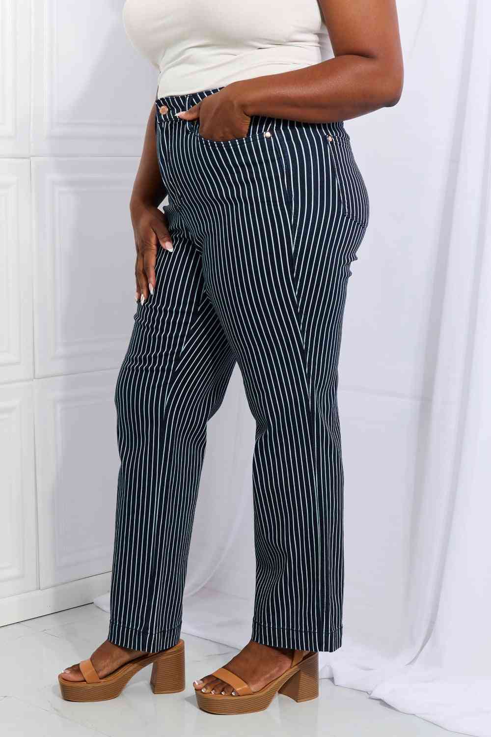 Judy Blue Cassidy Full Size High Waisted Tummy Control Striped Straight Jeans - Heaven's Roaring Boutique