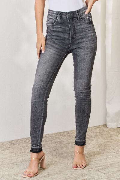 Judy Blue Full Size High Waist Tummy Control Release Hem Skinny Jeans | JEANS | best jeans ever, boot cut jeans, boyfriend jeans, comfy jeans, dark wash jeans, denim, distressed jeans, flare jeans, good jeans, high quality jeans, high waisted jeans, judy blue, judy blue denim, judy blue jeans, judy blue skinny jeans, judy blue tummy control jeans, light wash jeans, mid rise jeans, mom jeans, Ship from USA, skinny jeans, straight leg jeans, super comfy jeans, super stretchy jeans, tummy control jeans, viral 