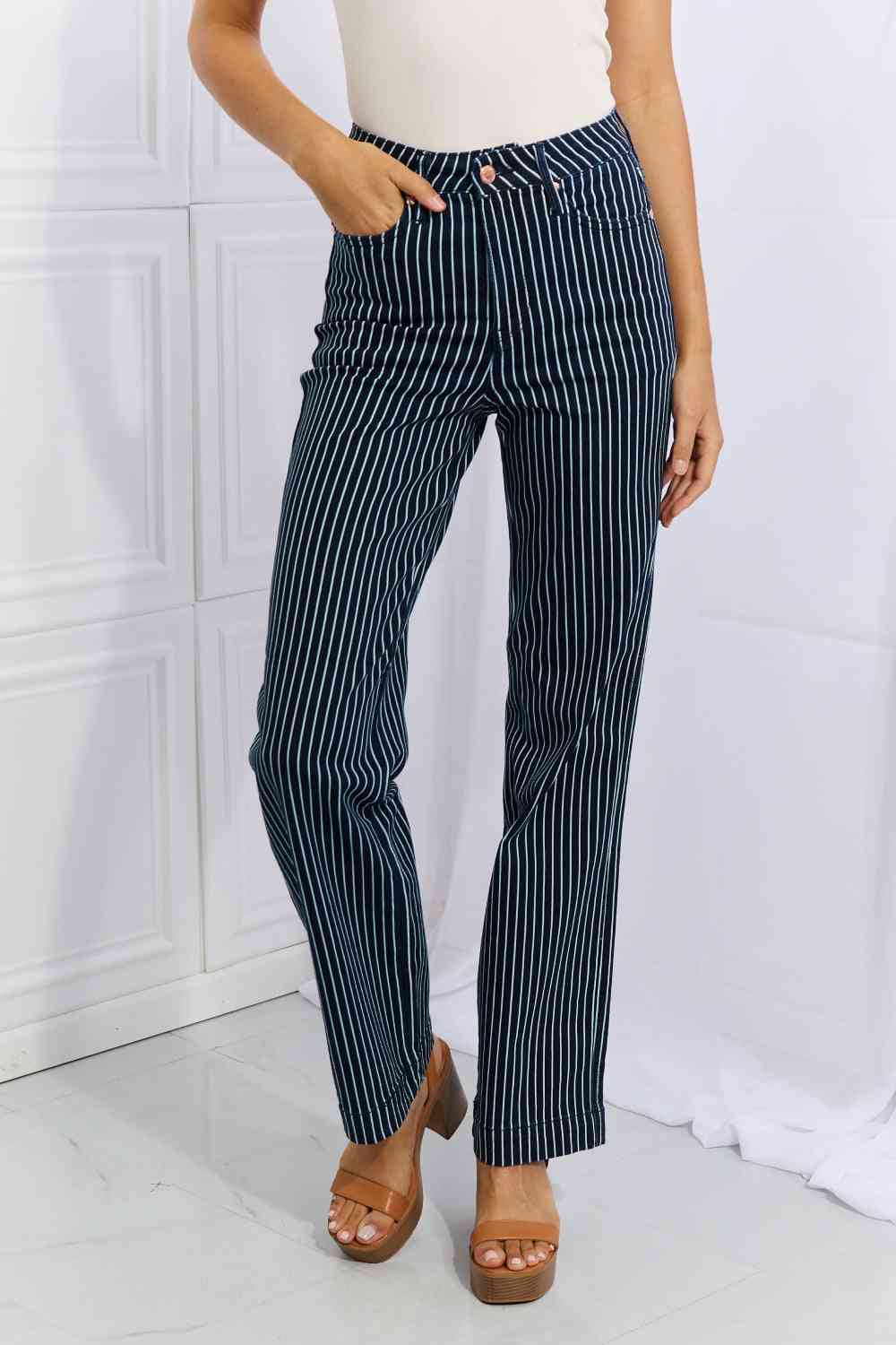 Judy Blue Cassidy Full Size High Waisted Tummy Control Striped Straight Jeans - Heaven's Roaring Boutique